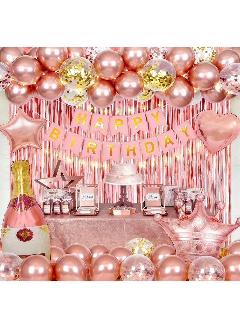 عالم البالونات زينة عيد ميلاد باللون الذهبي الوردي للنساء، لافتة "عيد ميلاد سعيد"، ستائر خلفية، زجاجة، تاج، بالونات على شكل قلب ونجمة باللون الذهبي الوردي، لوازم حفلات أعياد ميلاد الفتيات والسيدات - Image 2