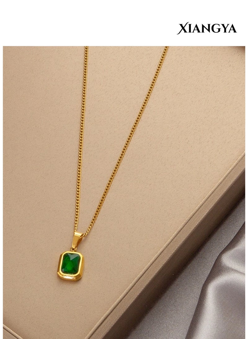 XIANGYA Green Stone Necklace for Women, Gold Plated Emerald Style Pendant Necklace, Elegant Rectangle Gem Jewelry Gift for Ladies - Image 2