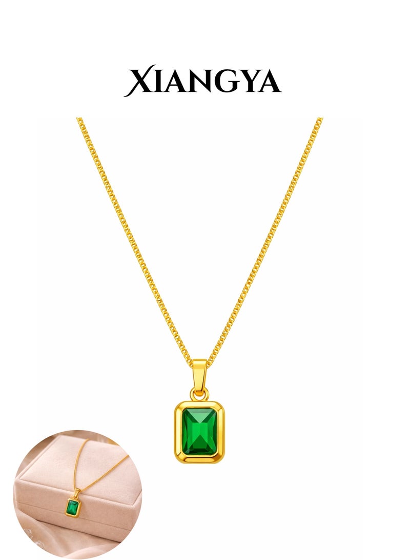 XIANGYA Green Stone Necklace for Women, Gold Plated Emerald Style Pendant Necklace, Elegant Rectangle Gem Jewelry Gift for Ladies - Image 1