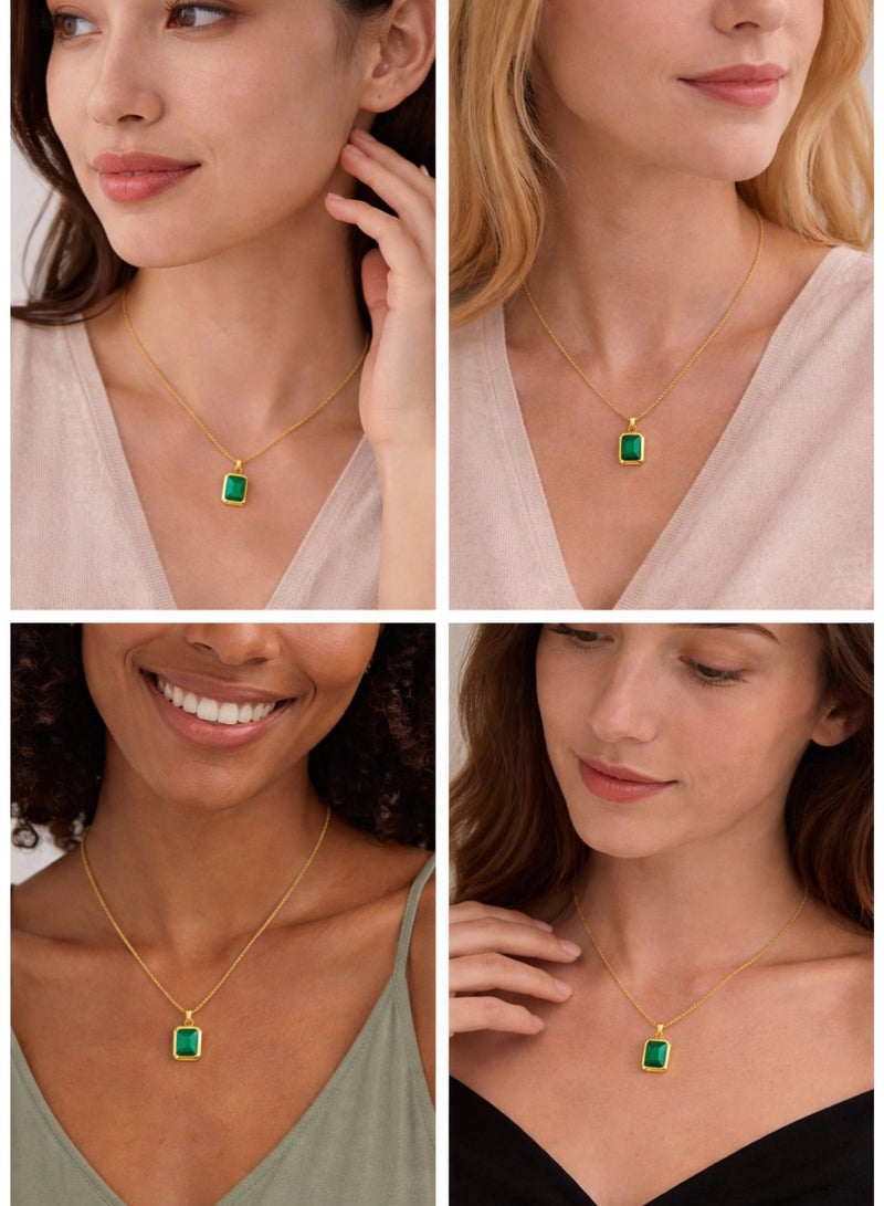 XIANGYA Green Stone Necklace for Women, Gold Plated Emerald Style Pendant Necklace, Elegant Rectangle Gem Jewelry Gift for Ladies - Image 4