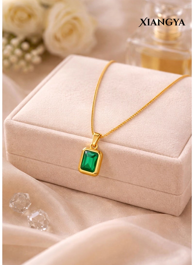 XIANGYA Green Stone Necklace for Women, Gold Plated Emerald Style Pendant Necklace, Elegant Rectangle Gem Jewelry Gift for Ladies - Image 3