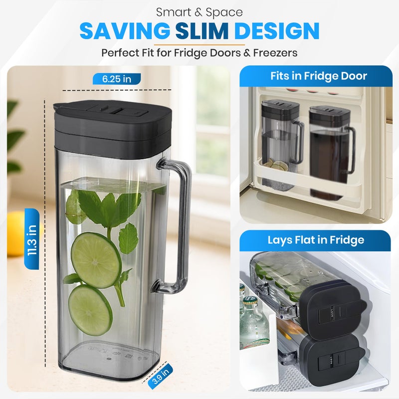 KitchenPrima SlimFit 2 Quart (2 Liter) pitcher with lid - Water jug for fridge door - Leakproof 64oz plastic pitcher with lid - Drink Container for Juice, Iced Tea, Coffee, BPA-Free Plastic, Black - Image 2