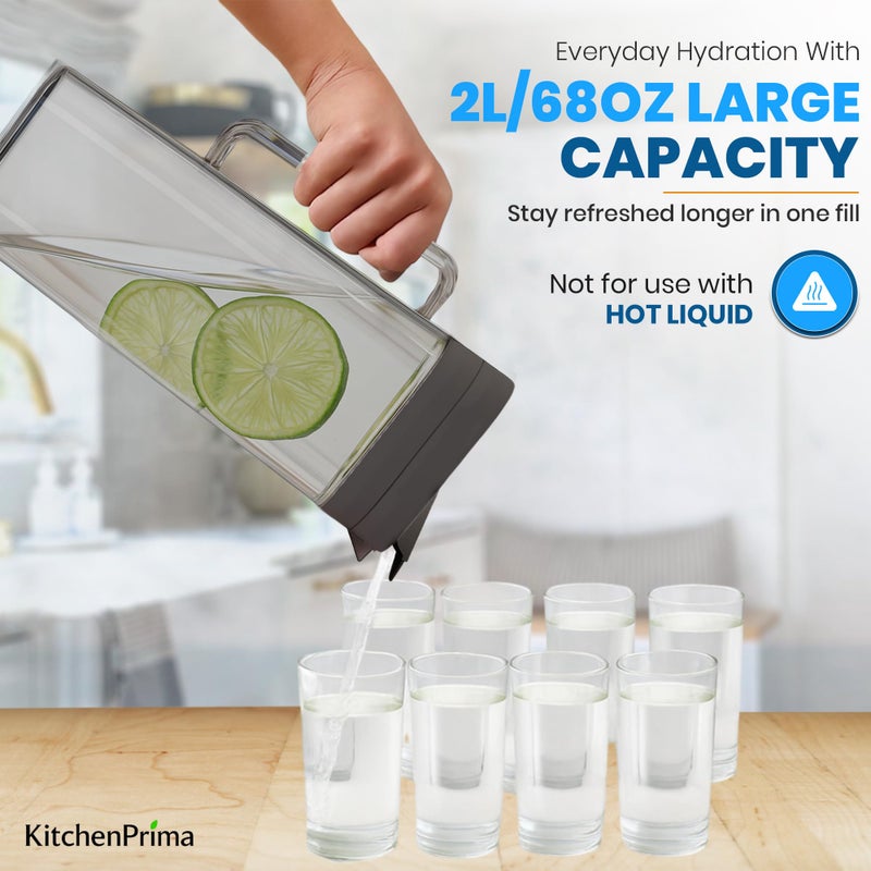 KitchenPrima SlimFit 2 Quart (2 Liter) pitcher with lid - Water jug for fridge door - Leakproof 64oz plastic pitcher with lid - Drink Container for Juice, Iced Tea, Coffee, BPA-Free Plastic, Black - Image 4