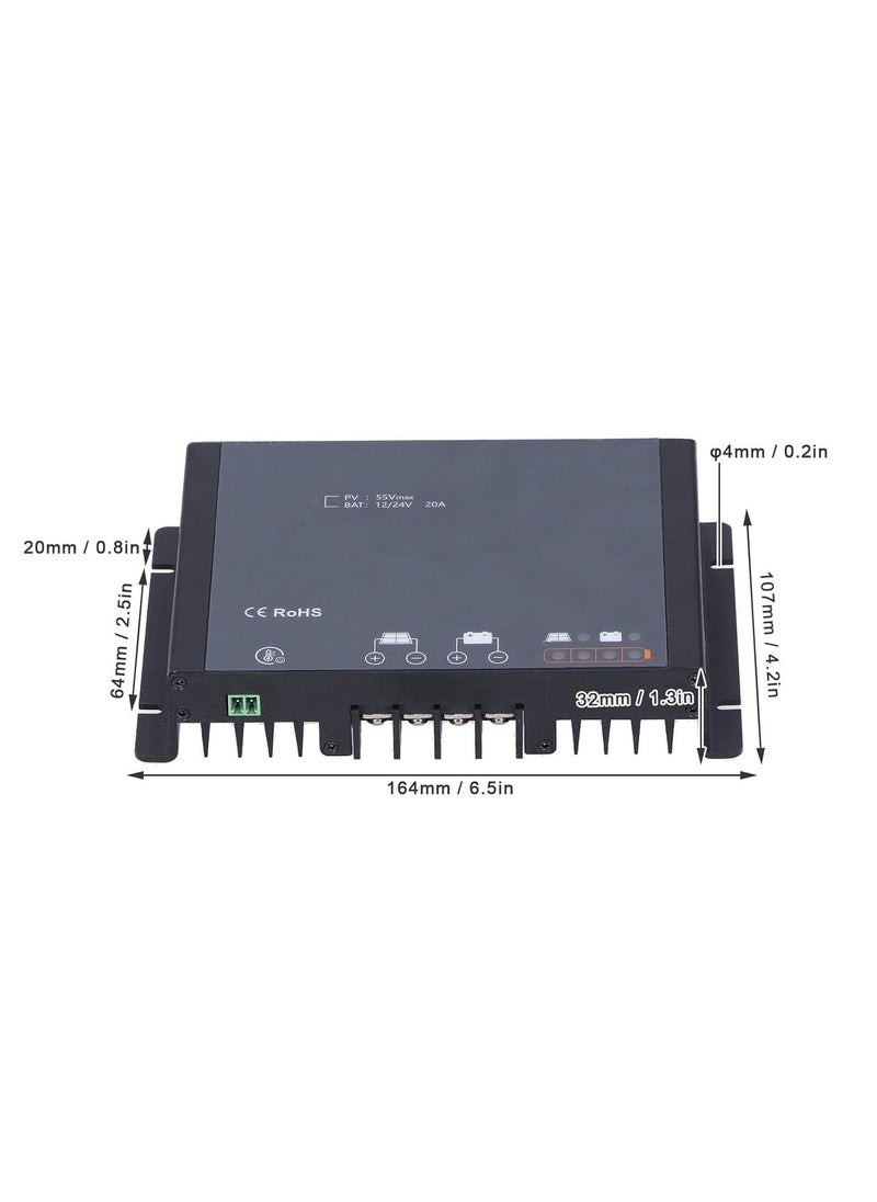 Solar Controller, MPPT Regulator, Auto Tracking Focus Waterproof with Bluetooth, 20A DC12/24V