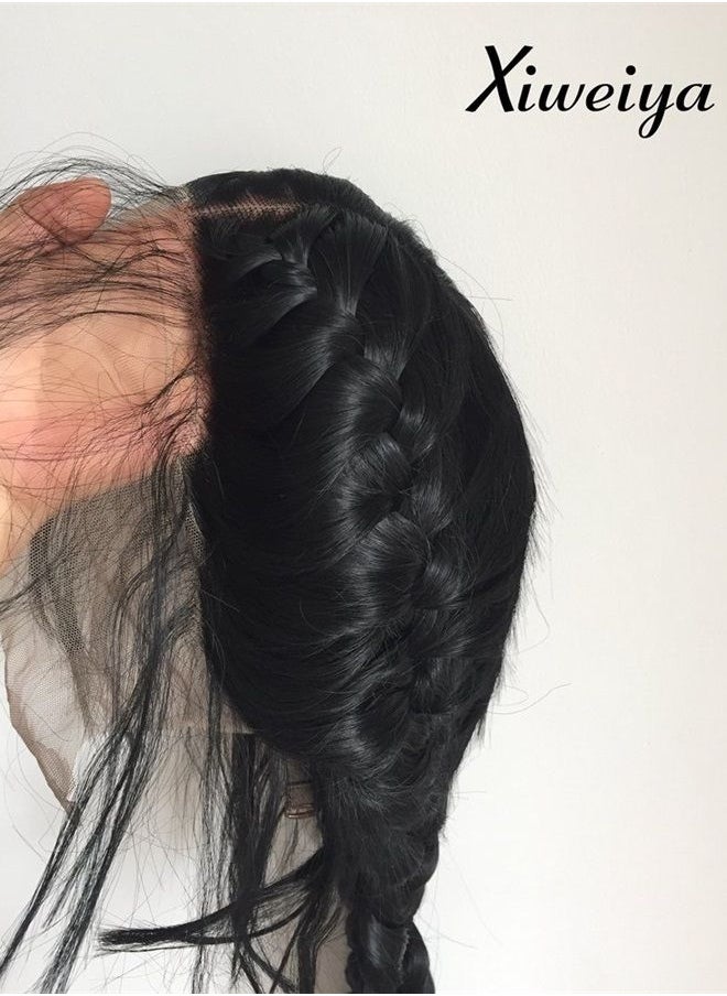 Xiweiya Xiweiya Black Double Braids Wigs Synthetic Braided Lace Front Wig with Baby Hair Wig Heat Resistant Fiber Middle Part synthetic lace front wigs Normal & Add Human Weaving Part (Normal)  - Image 5