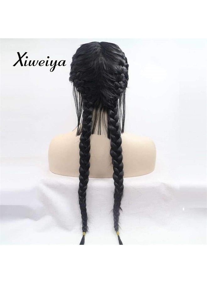 Xiweiya Xiweiya Black Double Braids Wigs Synthetic Braided Lace Front Wig with Baby Hair Wig Heat Resistant Fiber Middle Part synthetic lace front wigs Normal & Add Human Weaving Part (Normal)  - Image 4