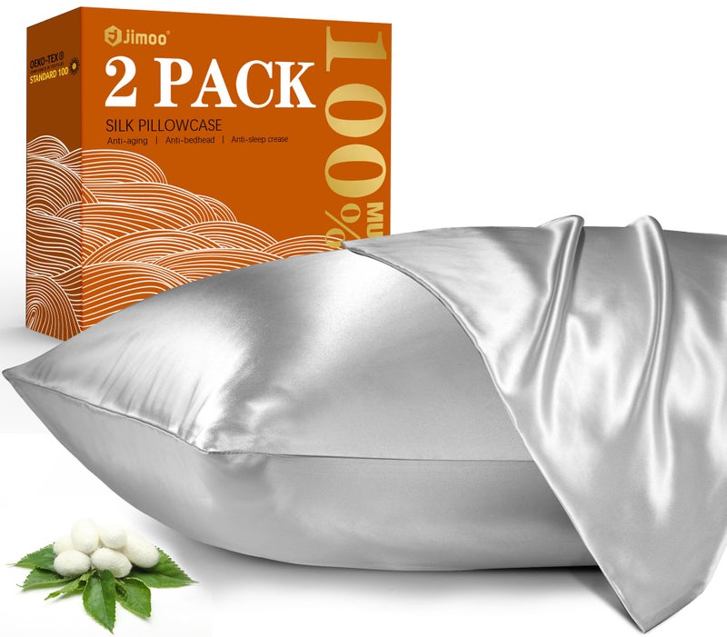 J JIMOO 2 Pack 100% Mulberry Silk Pillowcase for Hair and Skin  22 Momme Natural Silk Pillow Cases Set of 2 with Zipper  Silk Pillow Cover for Women Mom Men (2 Pcack Silver Grey  Standard 20''?26'') - Image 1