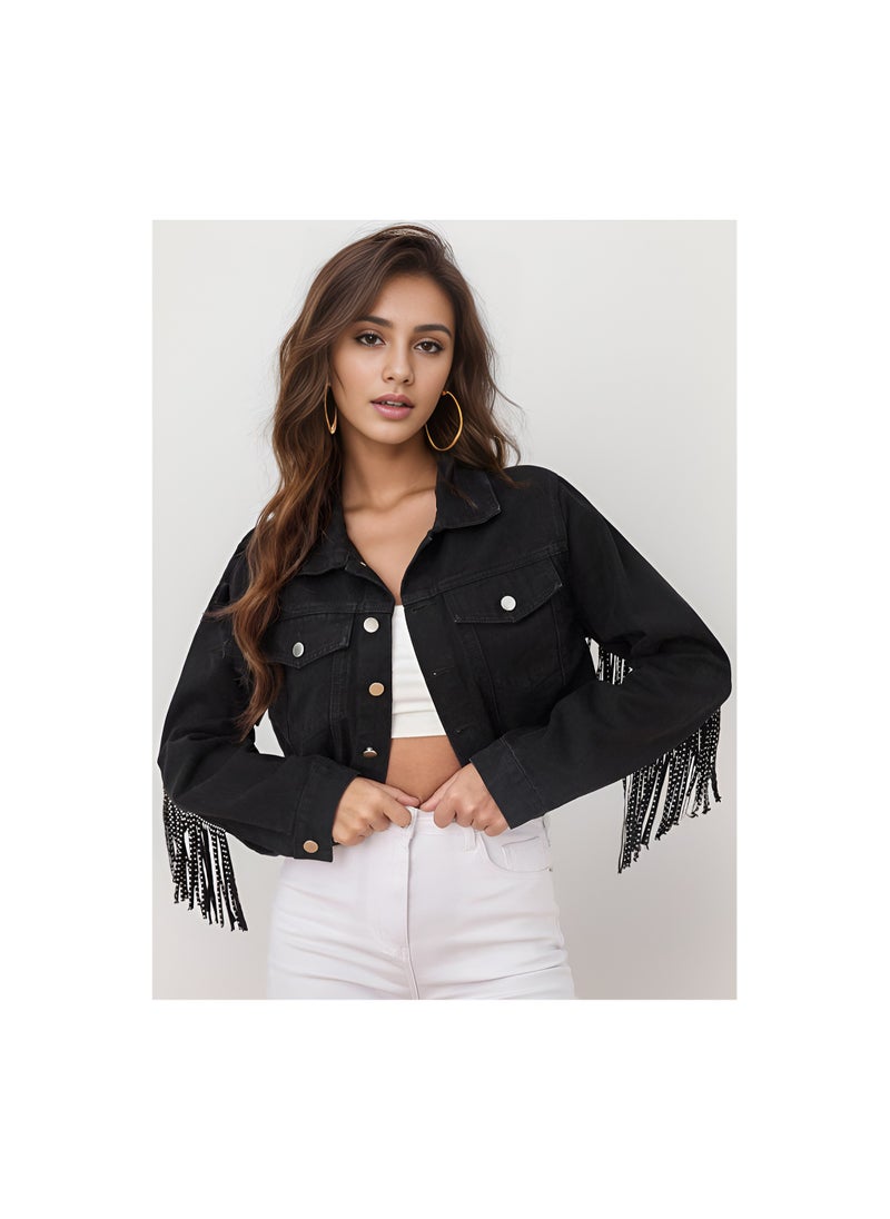 Loquat - Squality Leisure Tassels Denim Short Jacket Women Black - Image 1