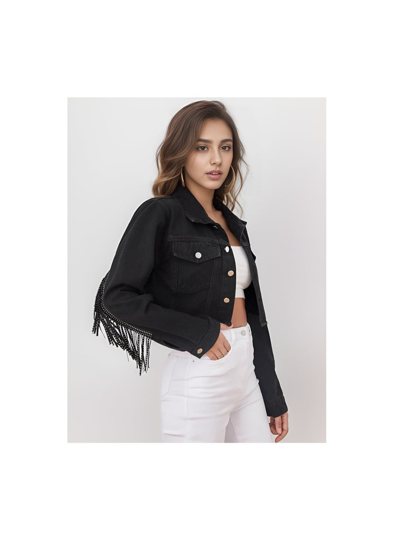 Loquat - Squality Leisure Tassels Denim Short Jacket Women Black - Image 1
