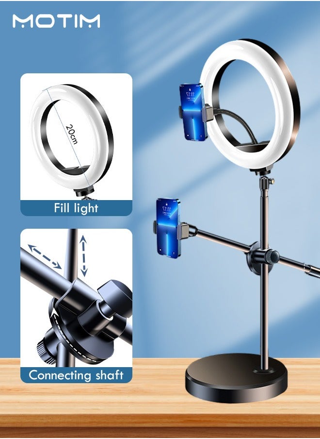 Motim Selfie Ring Light with Stand and Phone Holder, Overhead Phone Mount with 8" Ring Lights, Desk Circle Lingt with Tripod Adjustable Shooting Arm for Video Recording, YouTube, TikTok, Live Streaming  - Image 2