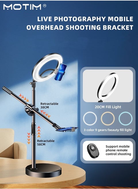 8 Inch Selfie Ring Light with Stand & 2 Phone Holder, Overhead Phone Mount with 58cm Stand,  3 Color Modes Adjustable Shooting Arm for Video Recording, Game