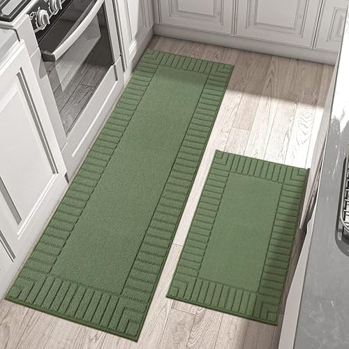 BEQHAUSE-Kitchen-Rugs-Non-Slip-Kitchen-Mats-for-Floor Machine Washable Kitchen Rugs 2 Pieces Kitchen Carpet Runner with TPR Backing,Green,24x35inch/24x60inch - Image 1