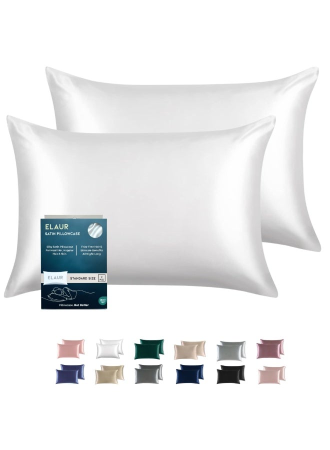 ELAUR Satin Pillowcase for Hair and Skin, Super Soft and Cooling Similar to Silk Pillow Cases 2 Pack with Envelope Closure, Gift for Women Men("19x29", Standard Size) (White)
