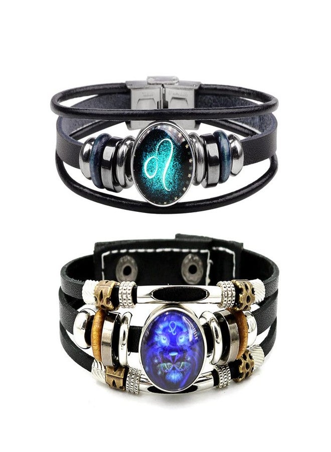 WLLAY 2pcs Retro 12 Zodiac Constellation Beaded Hand Woven Leather Bracelet PUNK Chain Cuff (Leo) - Image 1