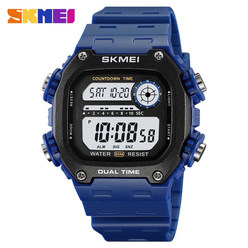 Trendy Square Unisex Digital Watch with Alarm and Backlight Black shell and Blue Belt