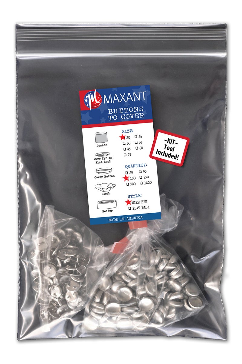 100 Buttons to Cover Made in USA Self Cover Buttons with Wire Eyes Size 20 with Tool