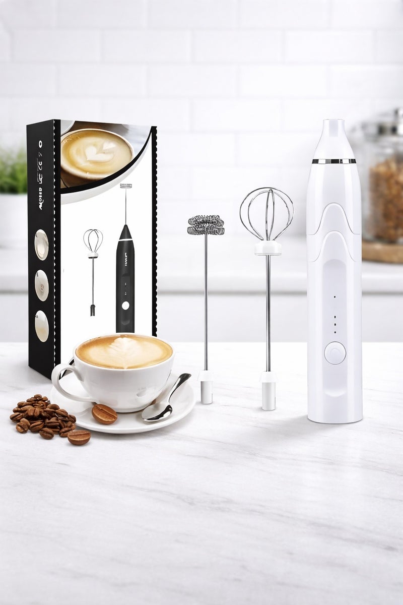 HIAS Pro Milk Frother with Double Whisk - USB-C Rechargeable, 3-Speed Handheld Foam Maker - Low Noise & Portable for Latte, Cappuccino, Matcha, Hot Chocolate, Baking (White) - Image 1