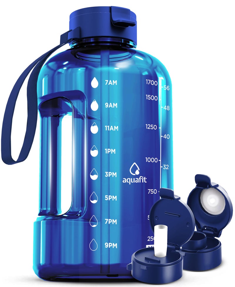 AQUAFIT 64 oz Water Bottle with Time Marker - Straw & Chug Lid - BPA Free Half Gallon Gym Water Bottle with Handle - Big Gallon Jug (Blue, 64 Ounces) - Image 1