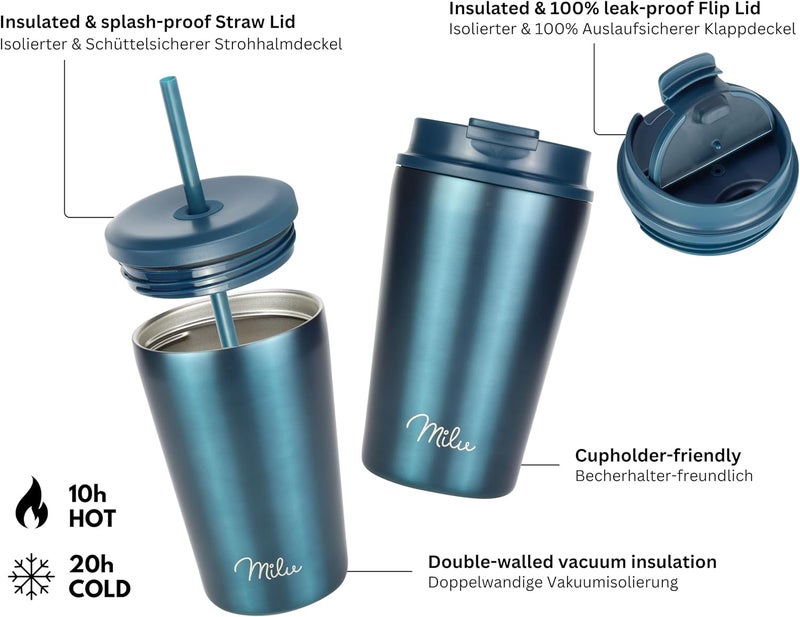 Milu Thermal Mug 300 ml, 400 ml, 500 ml - 100% Leak-Proof - Stainless Steel Coffee Mug to Go Insulated with Straw Keeps Hot for 10 Hours / 20 Hours Cold, BPA-Free (Green, 400 ml) - Image 4