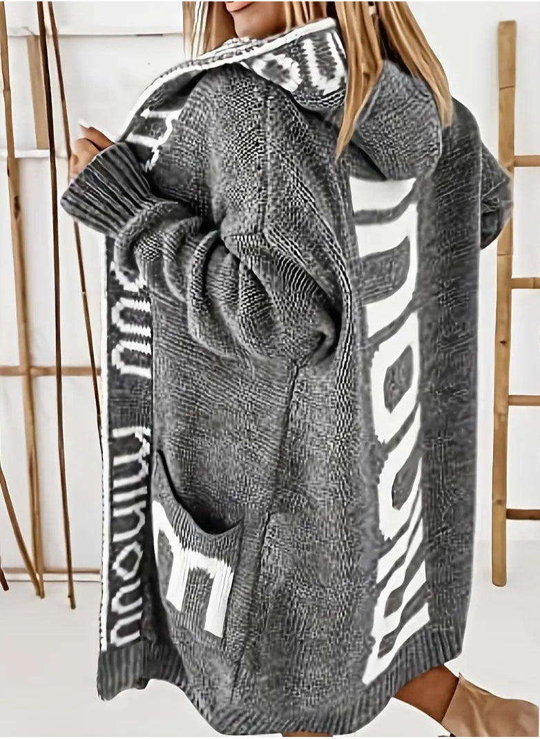 NIBEMINENT - Letter Print Waterfall Collar Knit Cardigan, Casual Hooded Long Sleeve Sweater With Pockets, Women's Clothing - Image 1