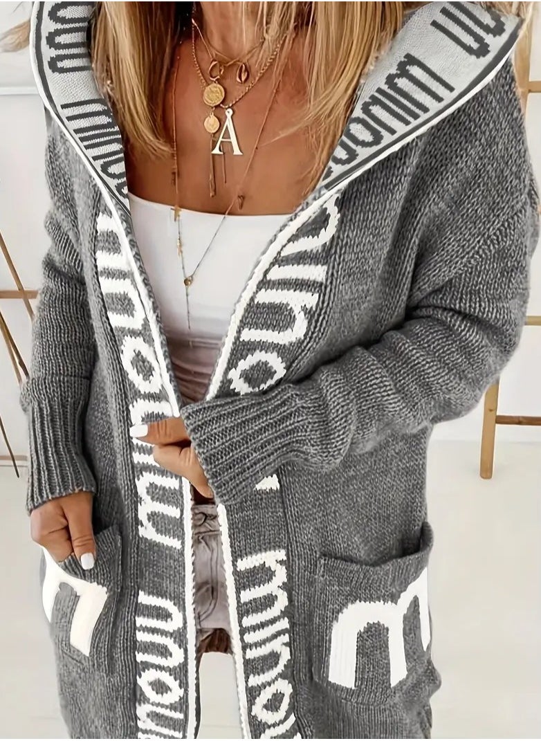 NIBEMINENT - Letter Print Waterfall Collar Knit Cardigan, Casual Hooded Long Sleeve Sweater With Pockets, Women's Clothing - Image 1