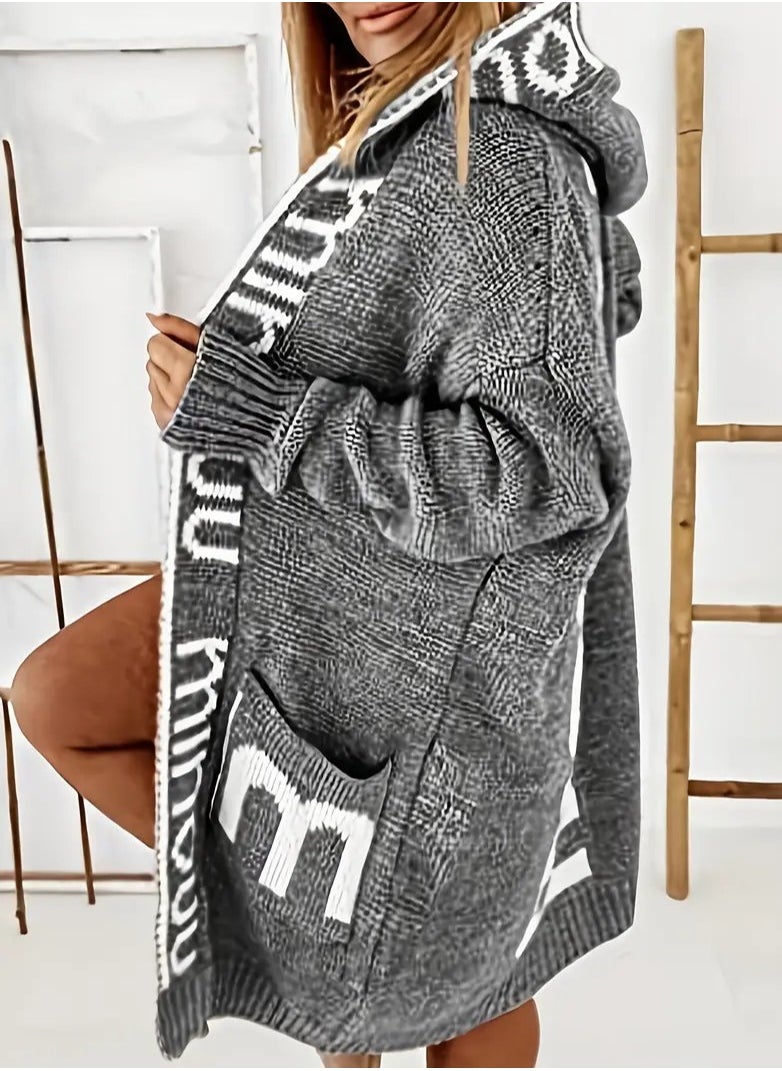 NIBEMINENT - Letter Print Waterfall Collar Knit Cardigan, Casual Hooded Long Sleeve Sweater With Pockets, Women's Clothing - Image 1
