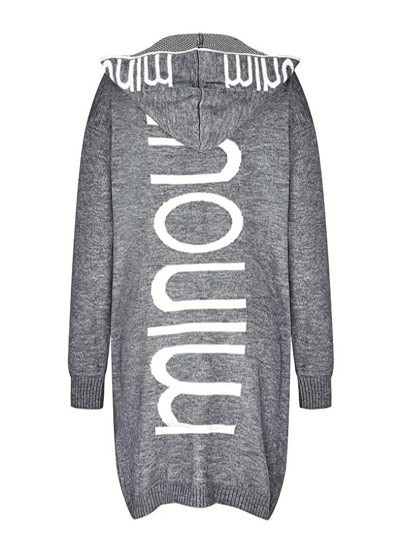 NIBEMINENT - Letter Print Waterfall Collar Knit Cardigan, Casual Hooded Long Sleeve Sweater With Pockets, Women's Clothing - Image 1