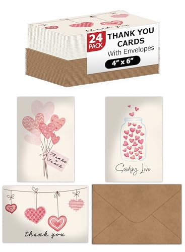 Pro Supply Global (24 Count of 4x6 Pre-Folded Valentine's Day Hearts Thank You Cards With Blank Inside To Leave a Note and Envelopes - Assortment of Greeting Cards Come In 3 Designs - Image 1