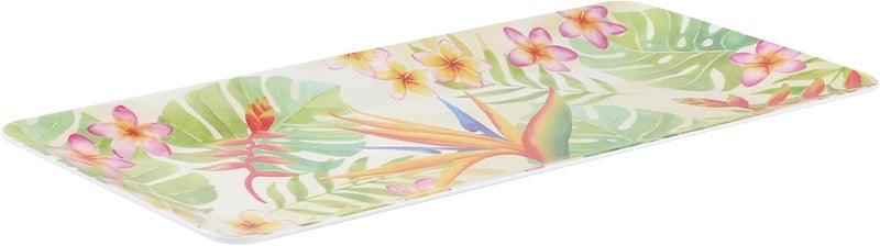 UP صينية تقديم مستطيلة من ميلامين طراز طائر الجنة بتصميم استوائي مزهر للأحزاب، تصميم نابض بالحياة، مثالية للوجبات الخفيفة والمقبلات والحلويات، خضراء 17 × 8 بوصة - Image 3