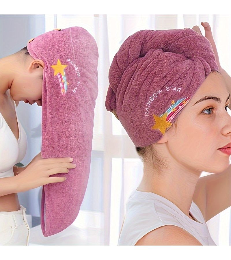 Soft Quick Dry Absorbent Hair Towel Wrap Yellow Cute Embroidery Retro - Image 2