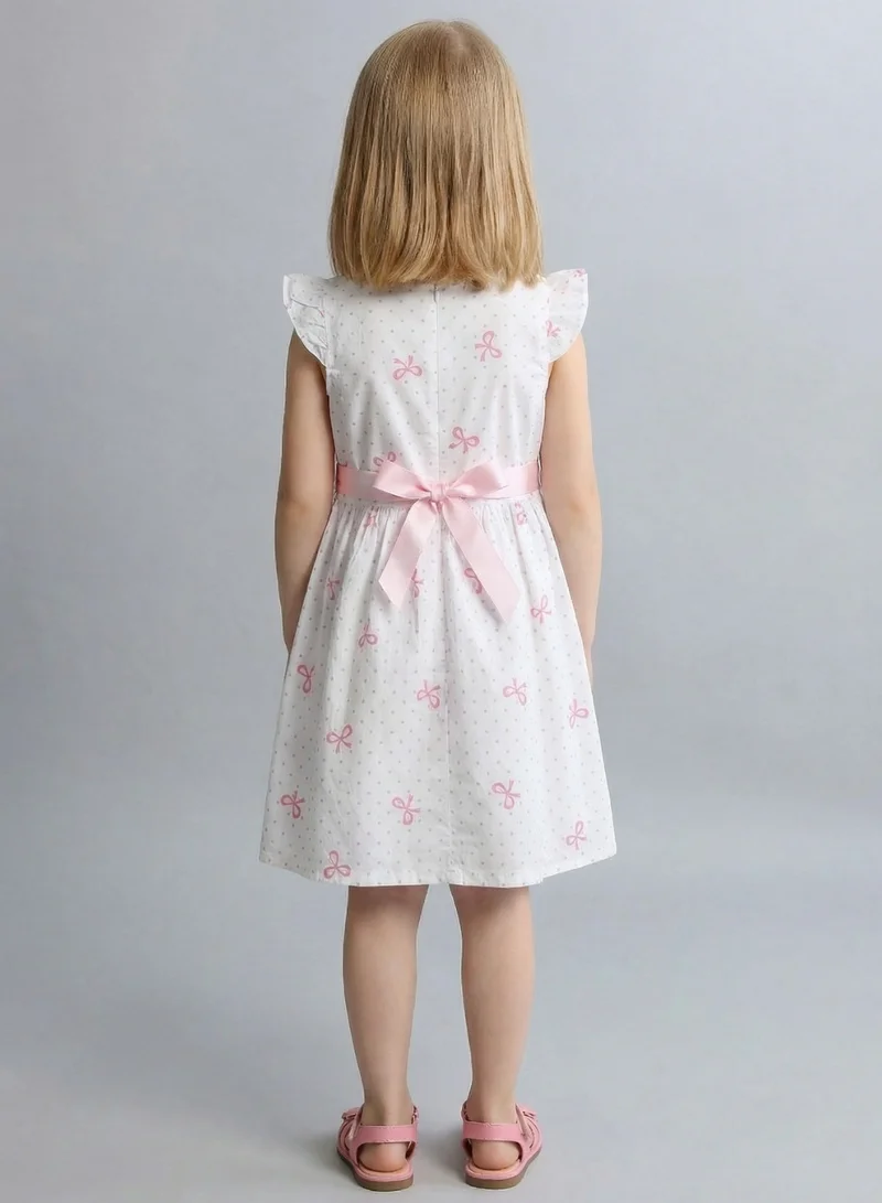 بيبي كلو Girls White Pink Bow Print Summer Dress