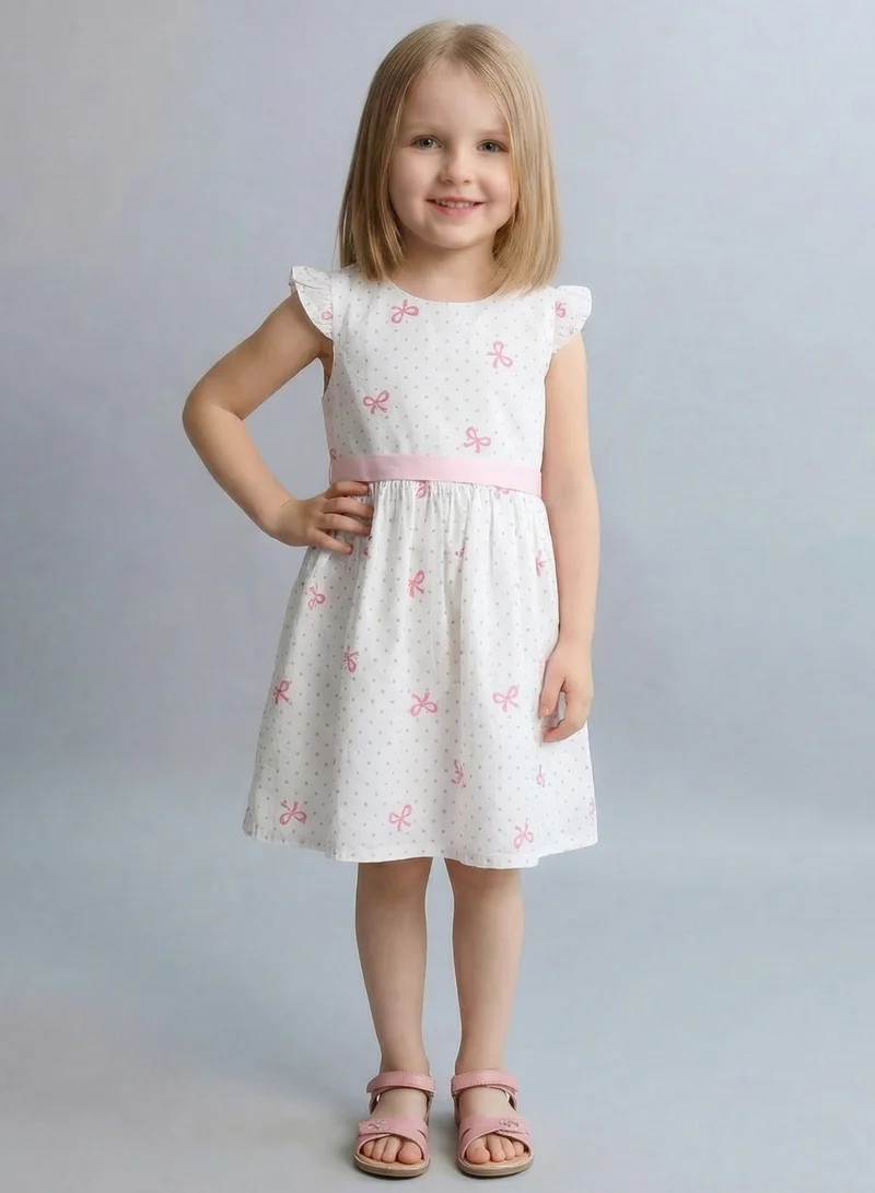 بيبي كلو Girls White Pink Bow Print Summer Dress
