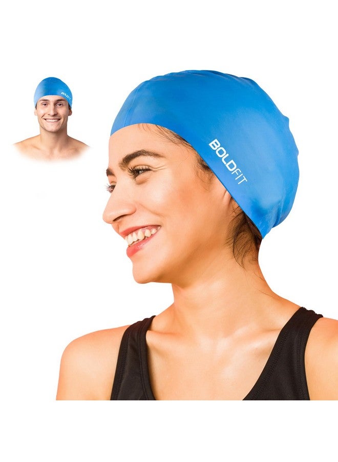 بولد فيت قبعة سباحة Boldfit للرجال، قبعات سباحة من السيليكون للنساء، قبعة سباحة للجنسين للأطفال والأولاد والبنات، قبعة سباحة للنساء، قبعة سباحة للشعر الطويل للرجال، قماش سيليكون، سهلة التركيب - أزرق - Image 1