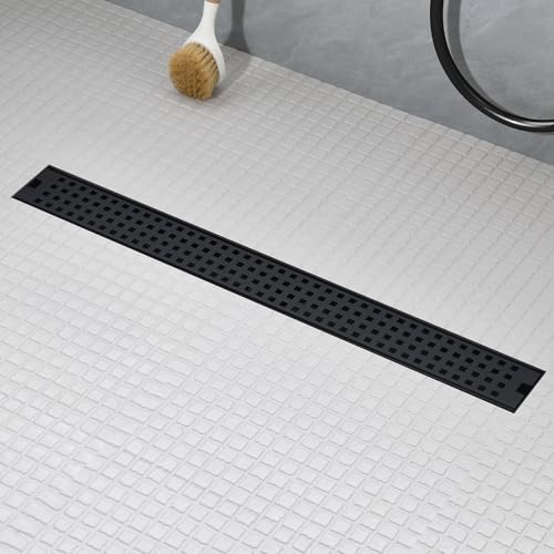 kuaisailsk 24 Inch Linear Shower Drain - Matte Black 304 Stainless Steel Rectangular Floor Drain with Adjustable Leveling Feet, Hair Strainer and Removable Grate - Image 1