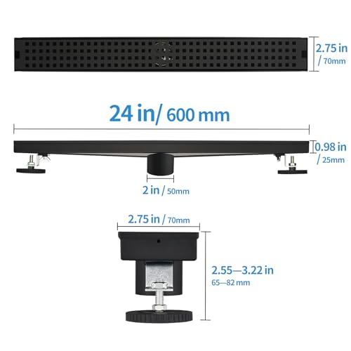kuaisailsk 24 Inch Linear Shower Drain - Matte Black 304 Stainless Steel Rectangular Floor Drain with Adjustable Leveling Feet, Hair Strainer and Removable Grate - Image 2