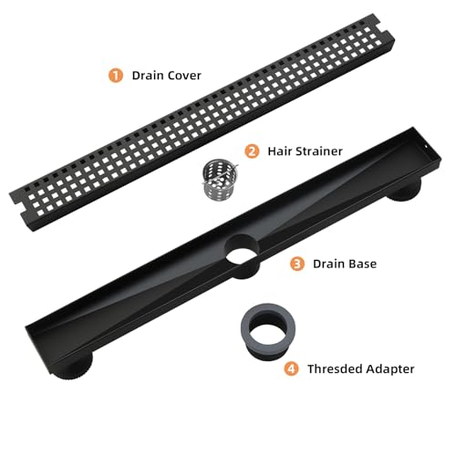 kuaisailsk 24 Inch Linear Shower Drain - Matte Black 304 Stainless Steel Rectangular Floor Drain with Adjustable Leveling Feet, Hair Strainer and Removable Grate - Image 4