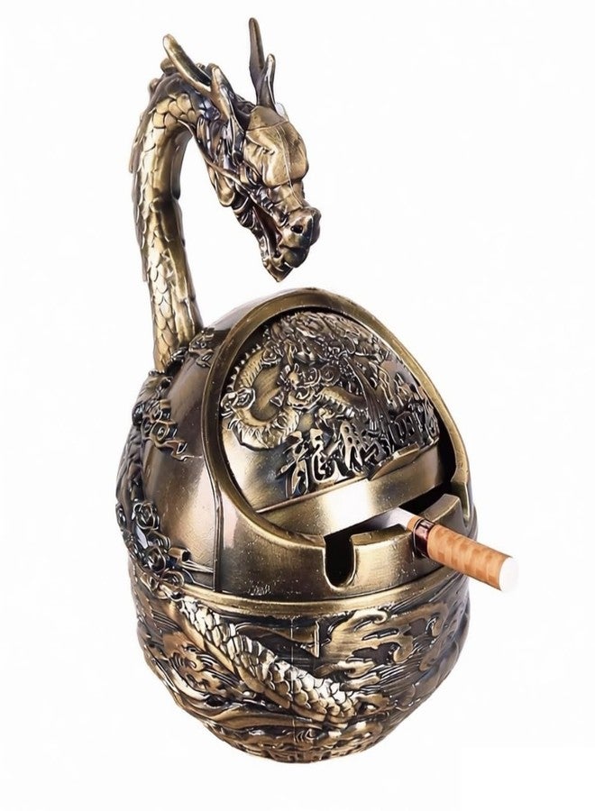 K COOL Vintage Ashtray with Lid for Cigarettes,Metal Windproof Smokeless Odorless Ash Tray Holder for outdoor indoor Decorative Hand-Carved Fancy Gift Ornament for Home Office (NEW Bronze Dragon) - Image 1