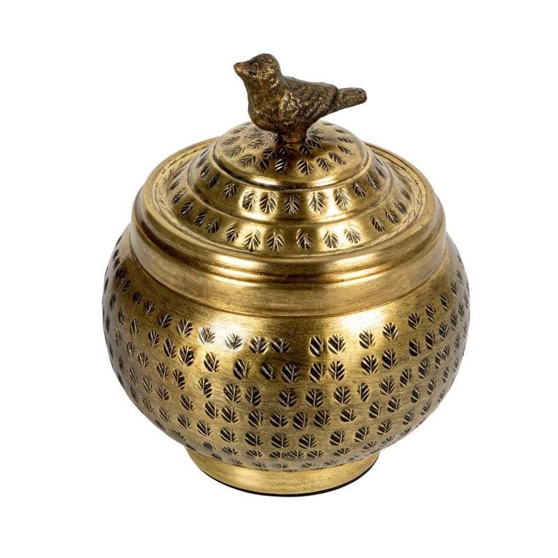 Creative CoOp Round Hammered Metal Container with Bird Finial Brass Finish