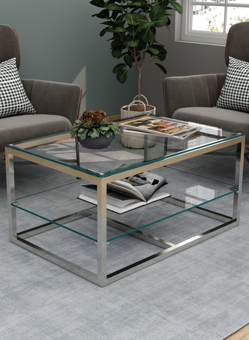 RIGID Stainless Steel Coffee Table with Metal Frame and Glass Top for Living Room, Office | Center Table with Shelf | End Table - Image 1