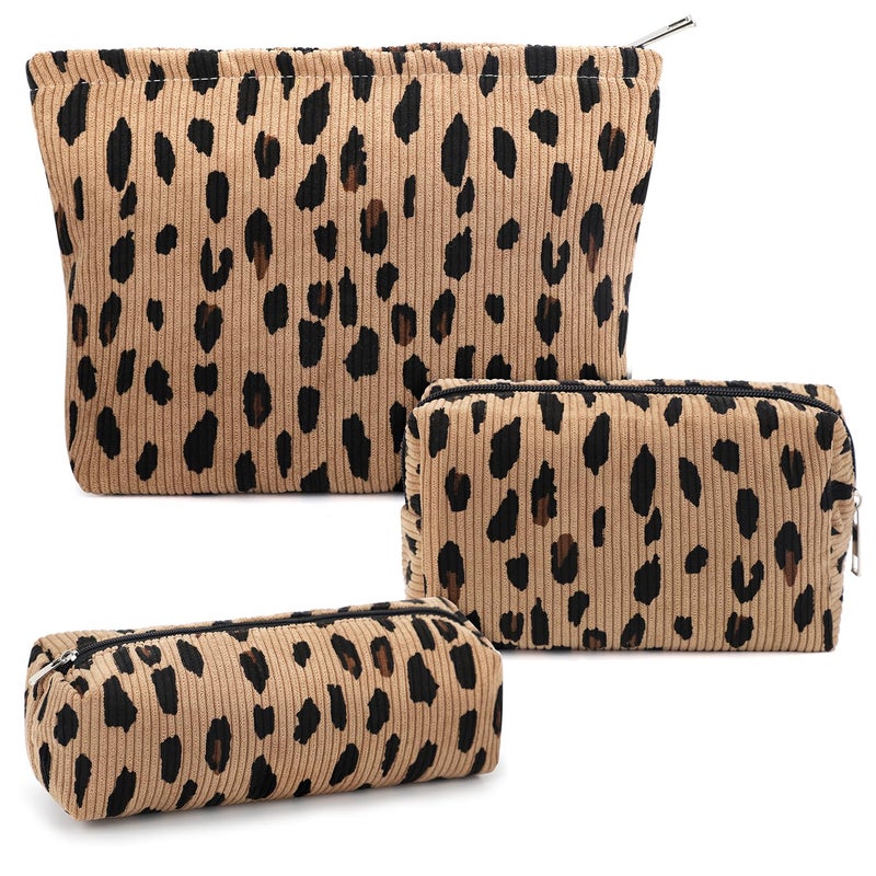 Gocvo 3 Pcs Makeup Bag Cosmetic Bag Set for Girls Women Travel Organizer Bathroom Toiletry Pouch Large Capacity Storage Bag (Leopard Brown) - Image 1