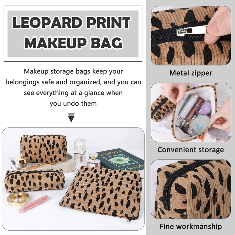 Gocvo 3 Pcs Makeup Bag Cosmetic Bag Set for Girls Women Travel Organizer Bathroom Toiletry Pouch Large Capacity Storage Bag (Leopard Brown) - Image 3