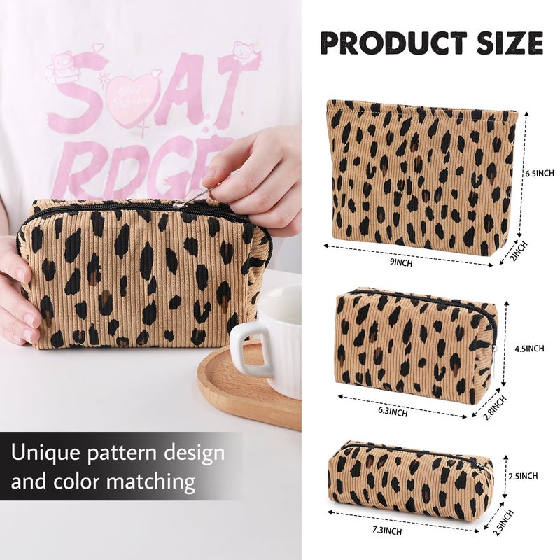 Gocvo 3 Pcs Makeup Bag Cosmetic Bag Set for Girls Women Travel Organizer Bathroom Toiletry Pouch Large Capacity Storage Bag (Leopard Brown) - Image 5