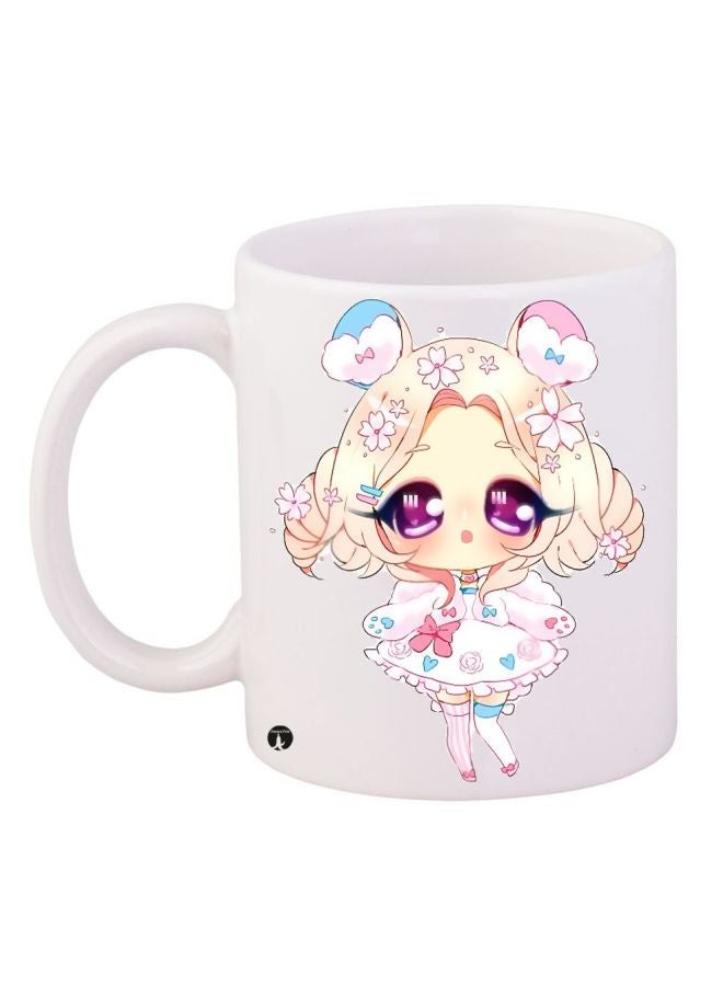 Cartoon Girl Printed Coffee Mug White/Purple/Beige 11ounce