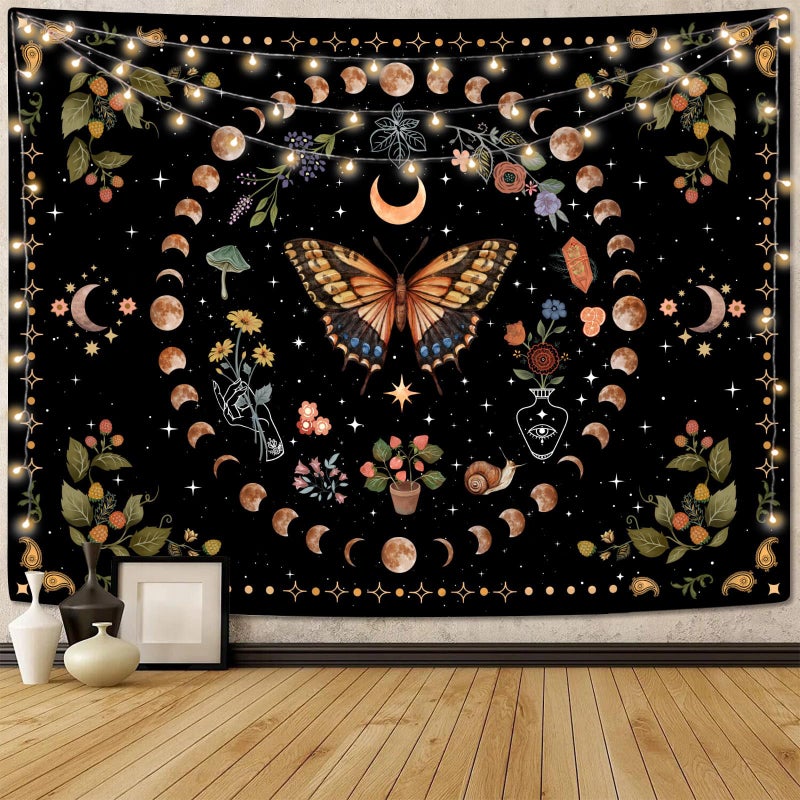 Aipon Yellow Butterfly Moon Flower Tapestry Botanical Floral Plant Boho Tapestry for Bedroom Aesthetic Vintage Tapestries Wall Hanging for Living Room Dorm (36.00'' × 48.00'', Yellow) - Image 1