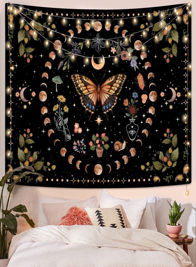 Aipon Yellow Butterfly Moon Flower Tapestry Botanical Floral Plant Boho Tapestry for Bedroom Aesthetic Vintage Tapestries Wall Hanging for Living Room Dorm (36.00'' × 48.00'', Yellow) - Image 3