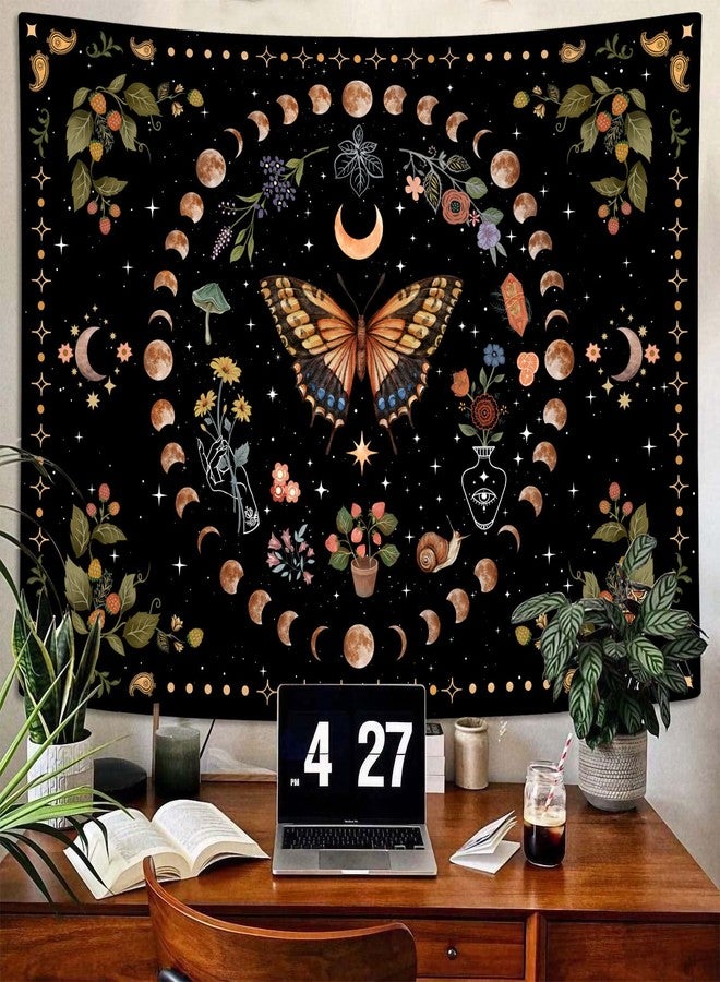 Aipon Yellow Butterfly Moon Flower Tapestry Botanical Floral Plant Boho Tapestry for Bedroom Aesthetic Vintage Tapestries Wall Hanging for Living Room Dorm (36.00'' × 48.00'', Yellow) - Image 2