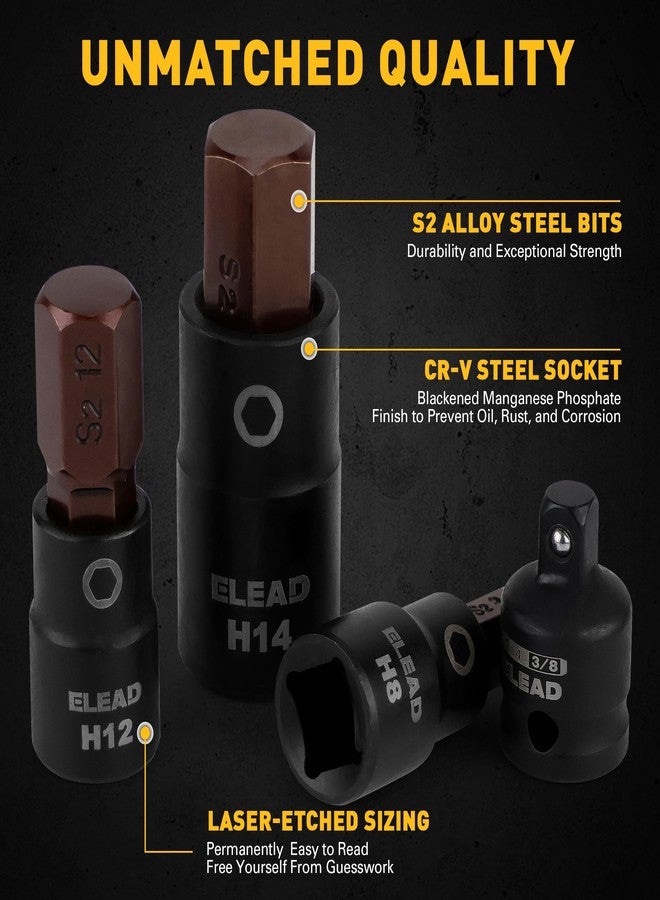 ELEAD مجموعة مفاتيح سداسية مترية مكونة من 16 قطعة - مجموعة مفاتيح ألين من الفولاذ S2 الممتاز، من 2 مم إلى 14 مم، مع محولات للمفاتيح، بمقاسات 1/4 بوصة، 3/8 بوصة، و1/2 بوصة | أدوات ورشة ميكانيكي محترف - Image 5