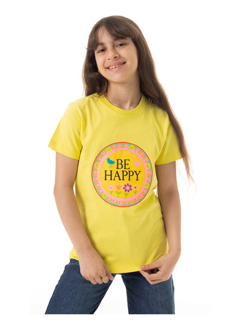 Andora "Be Happy" Printed Pattern Cotton Girls T-Shirt - Yellow - Image 1