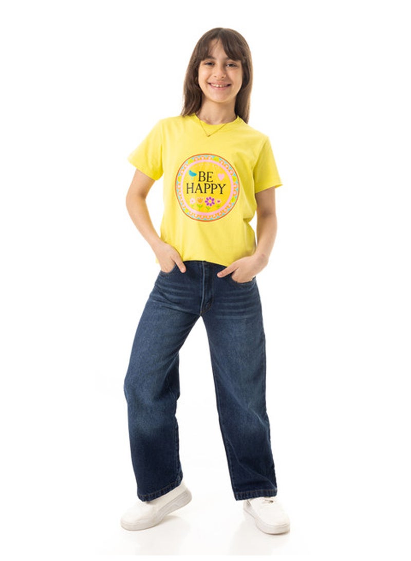 Andora "Be Happy" Printed Pattern Cotton Girls T-Shirt - Yellow - Image 5