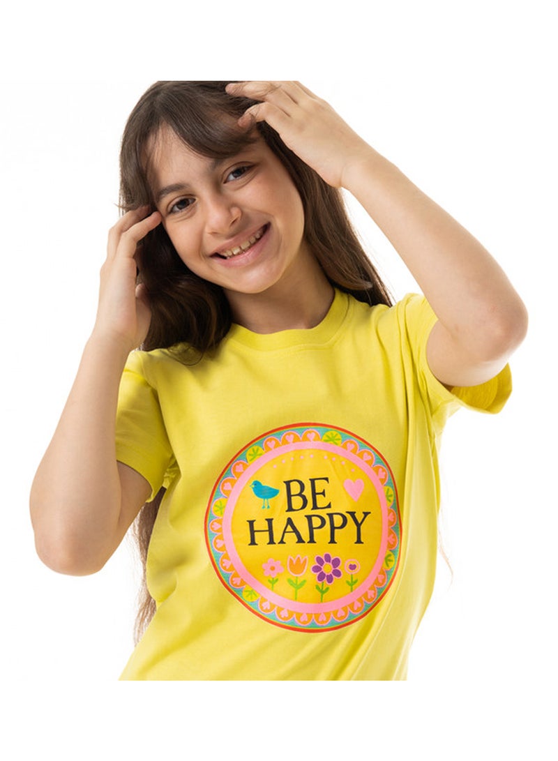 Andora "Be Happy" Printed Pattern Cotton Girls T-Shirt - Yellow - Image 4